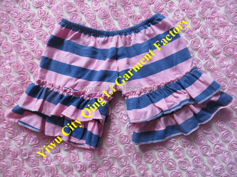 素敵な子供の夏の服のマッドパイ新製品来て赤ちゃんピンク青のストライプとダブルフリルのコットンショーツ卸売問屋・仕入れ・卸・卸売り