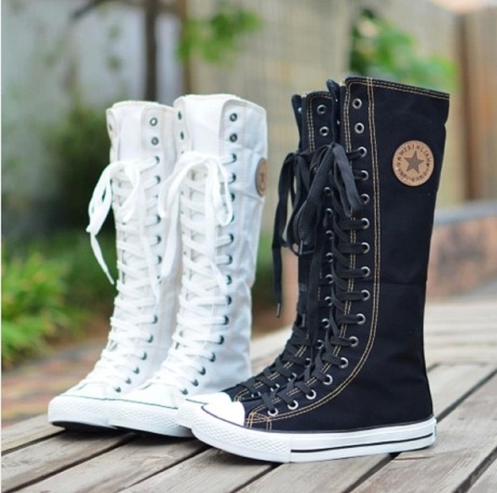 Punk Rock Canvas Boot Women Gril Sneaker Flat Tall Lace Up Knee High Zip Shoes Ebay 8336