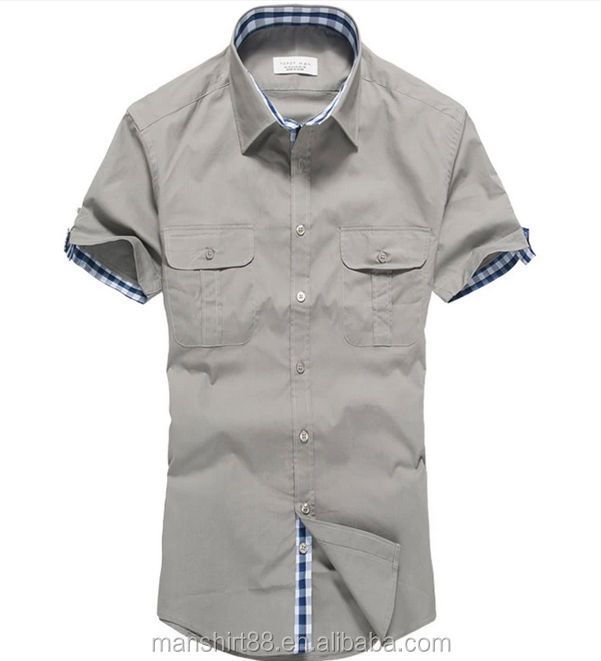2014 new style 100% organic cotton pure white two pockets roll up short sleeve mens shirts問屋・仕入れ・卸・卸売り