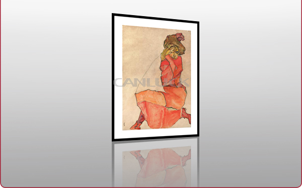 オレンジ色の赤でひざまずく女性衣装の絵/赤い服を着た女性painting/現代女性の絵問屋・仕入れ・卸・卸売り