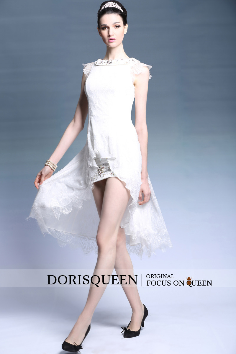 メーカーを着用する準備dorisqueen2014年新着の膝丈ウェディングミニイブニングhigh_lowビーズの白いレースのカクテルドレス問屋・仕入れ・卸・卸売り