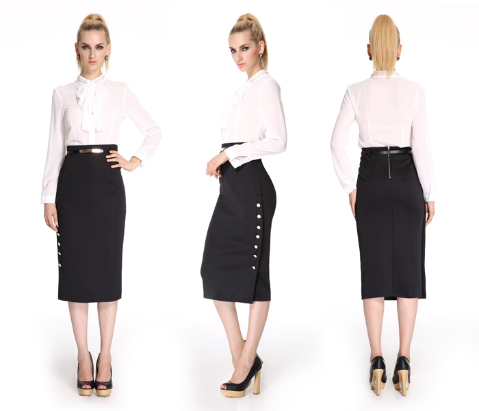 Women S Pearl Embellished On Up Shirt Pencil Dress Short Skirt Black Skirt 1 Jpg