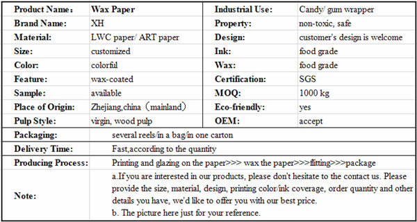 Printing factory direct sale coated wax paper for chewing gum