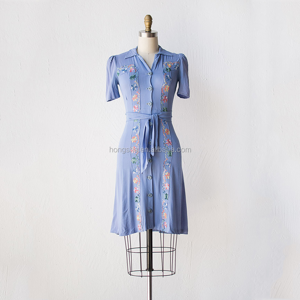 blue color dress 1940s vintage embroidered dress hsd1466