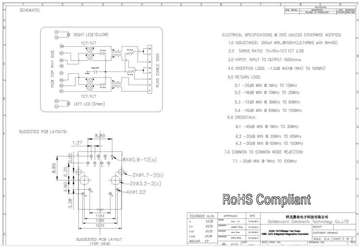 10/100/1000Base-T RJ45 modular jack connector with shell 8P8C female type inner transformer