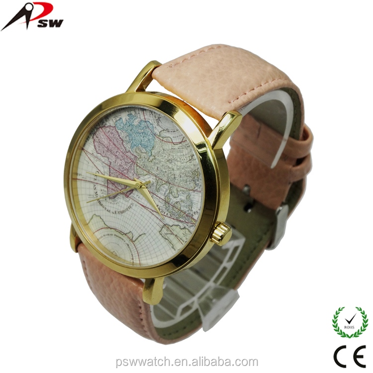 Genuine leather strap world map face japan movt quartz watch stainless steel