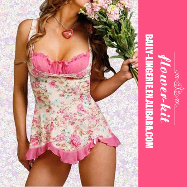 ピンクと白の花の柄ベビードールF4002ホット販売ファッションレディースベビードール仕入れ・メーカー・工場