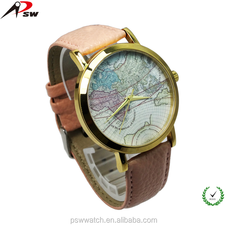 Genuine leather strap world map face japan movt quartz watch stainless steel