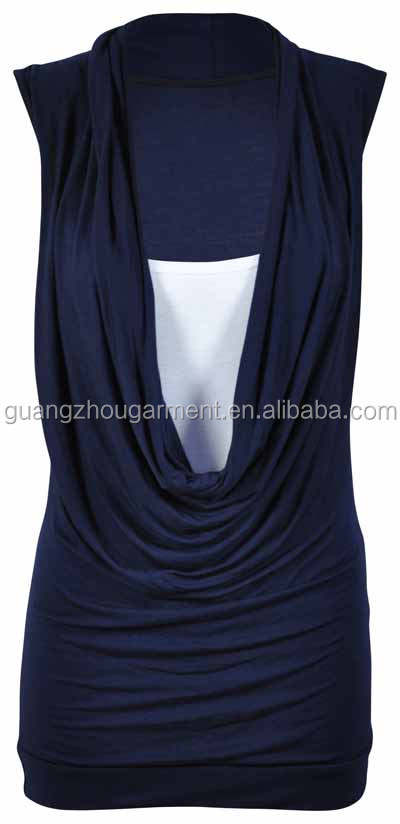 女性のコントラストインサートカウルネックストレッチロングベストレディースノースリーブt- シャツトップブラウス問屋・仕入れ・卸・卸売り