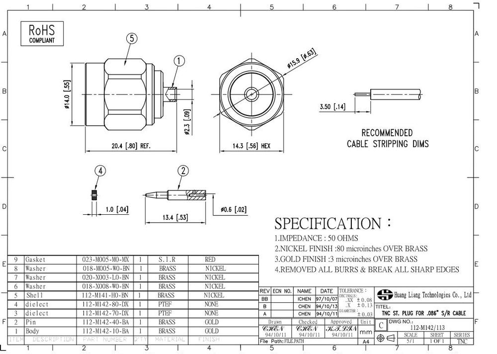 Rf同軸プラグtnc/maleのための。 086半- リジッドケーブルコネクタ仕入れ・メーカー・工場