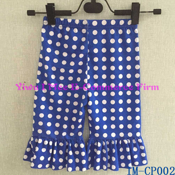 中国安価なフリルの服卸売かわいい赤ちゃん女の子ブルードットの綿カプリパンツim-cp002ある一つの大きなフリル仕入れ・メーカー・工場