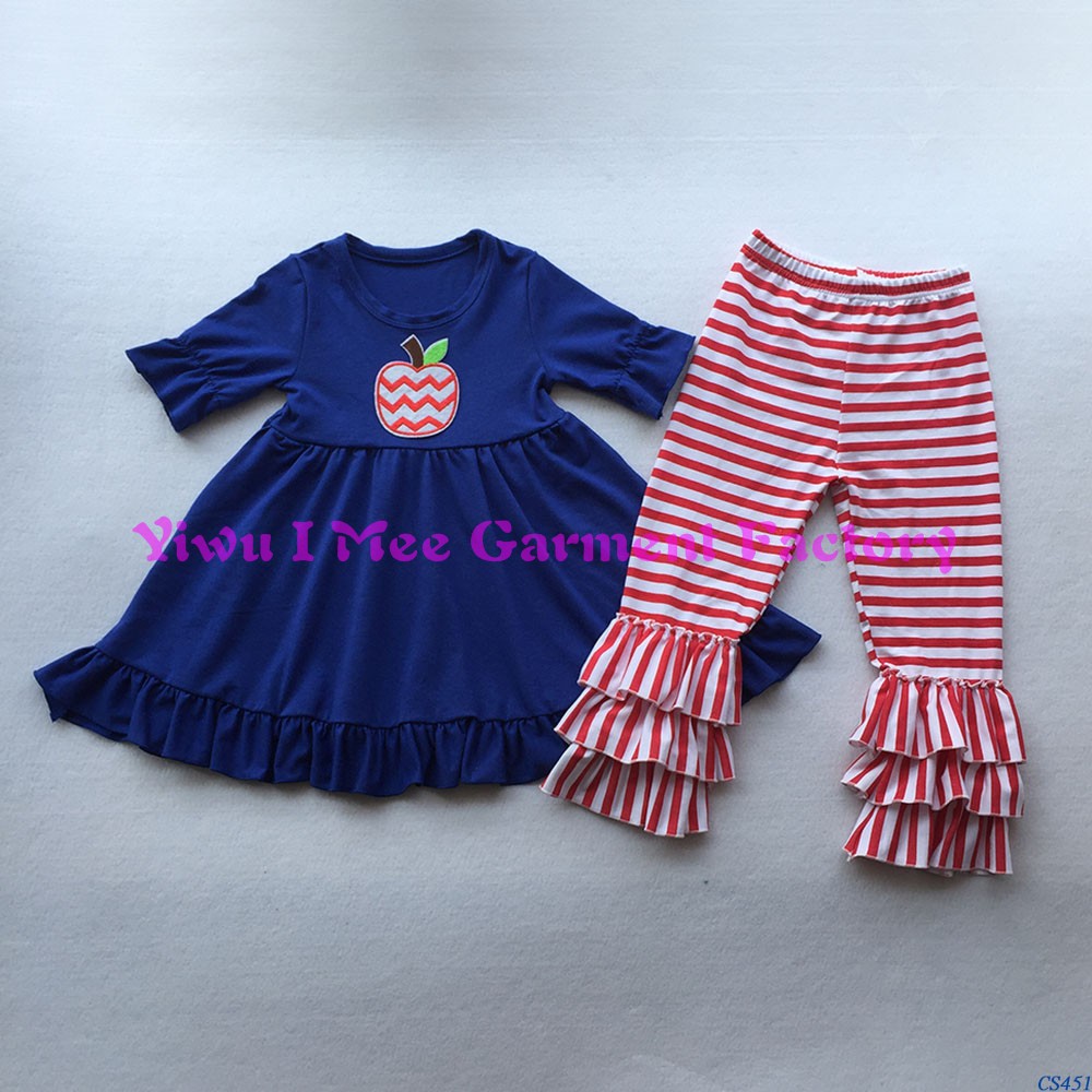 ブティック女の子バック·トゥ·スクール衣装トレンディキッズアップルアップリケ青いドレスでレッドストライプフリルパンツ服セットCS451仕入れ・メーカー・工場