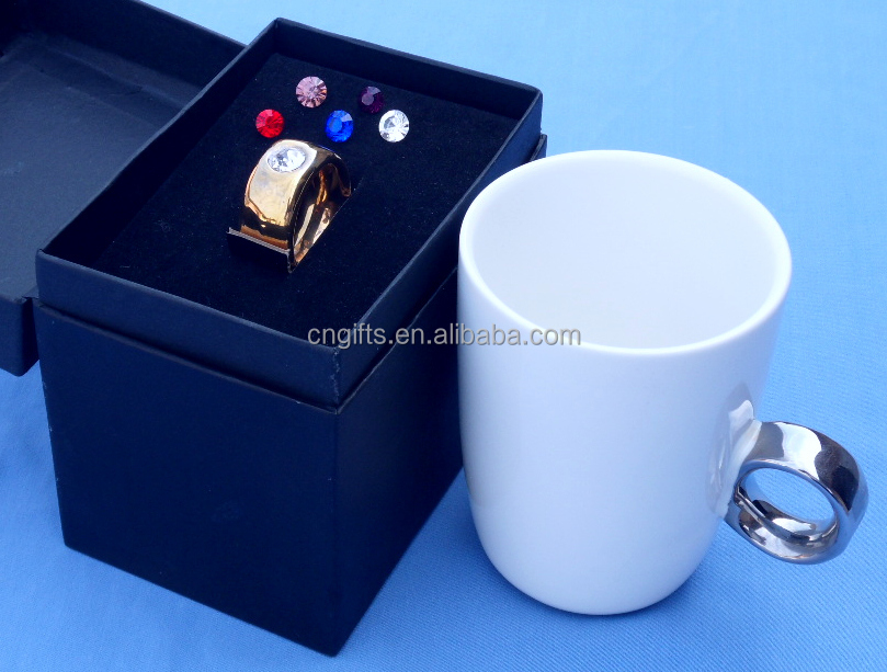 バレンタインの日ギフトセラミックコーヒーマグカップを持つゴールド製ダイヤモンドリングハンドル仕入れ・メーカー・工場
