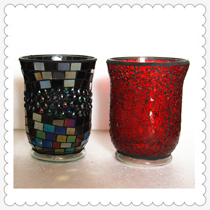 Home Mosaic Antique Lanterns Crackle Red Mosaic Glass Hurricane Candle Lamp Mosaic Antique