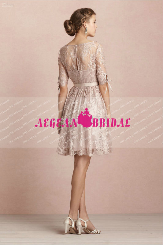 熱い販売の長い袖aeb616012014年ピンクレースの膝丈の花嫁介添人ドレス安い問屋・仕入れ・卸・卸売り