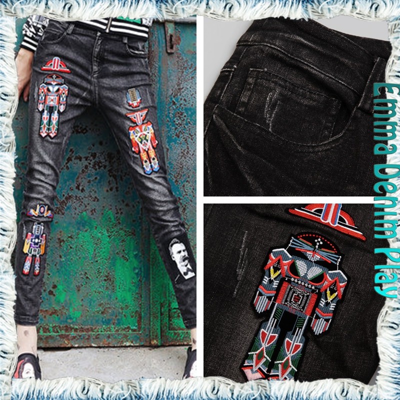 2016新しい夏破れファッションロボット刺繍入りボーイフレンドデニムジーンズのための女性仕入れ・メーカー・工場