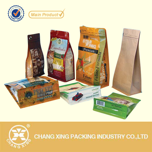 Custom print multi material made flat square block bottom bag for coffee/rice/snack/pet food