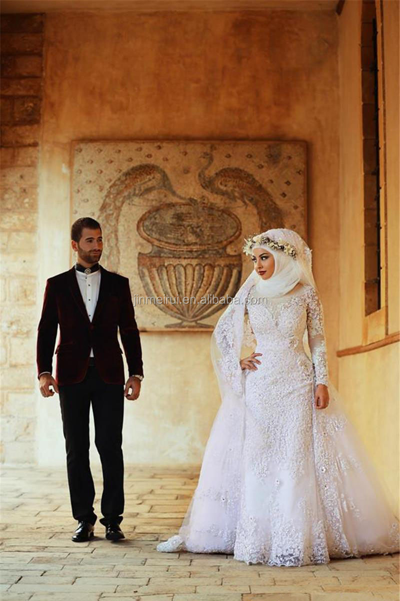 vestidosドnoivaサウジアラビアイスラム教徒のウェディングドレス長い袖のレースの花嫁の服のアップリケhs409わずかなビーズ仕入れ・メーカー・工場