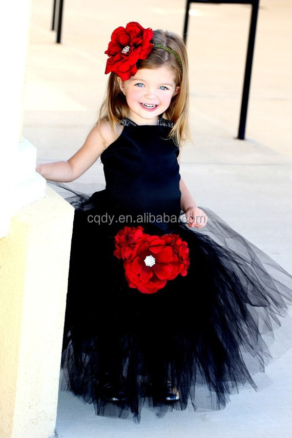 2014 Vintage Black Children Girl Party Dresses With Red Flower Baby 1