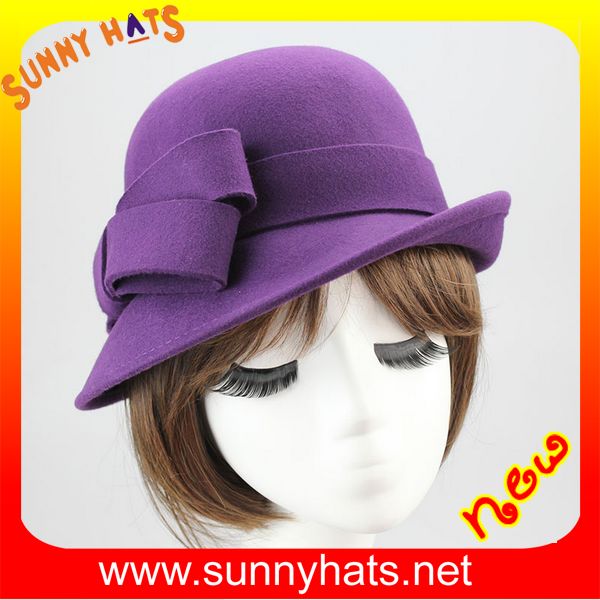 Elegant 100% wool round top felt hats for winter with stripe trim