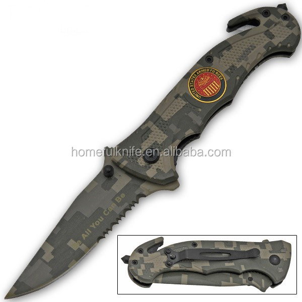 stainless steel folding survival knife with coated handle