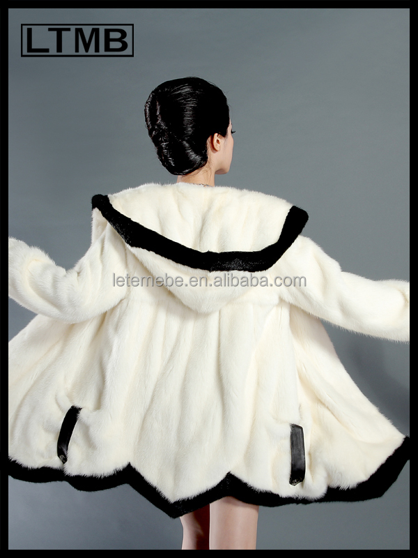 熱い販売の女性のミンクの毛皮の長いコート2014年フル袖のフード白、 黒の色で問屋・仕入れ・卸・卸売り
