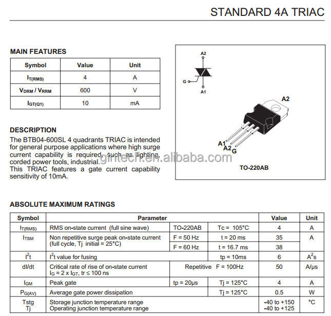 standard 4a triac btb04-600sl to-220ab