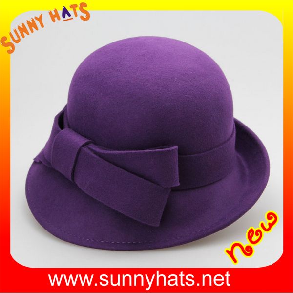Elegant 100% wool round top felt hats for winter with stripe trim