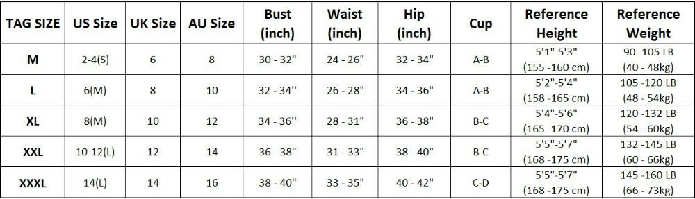 Swimsuit size table