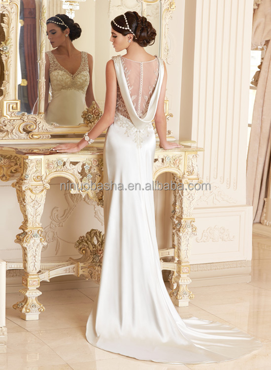 2015 Sexy Satin Wedding Dress V Neck Beaded High Waist Sheer Back