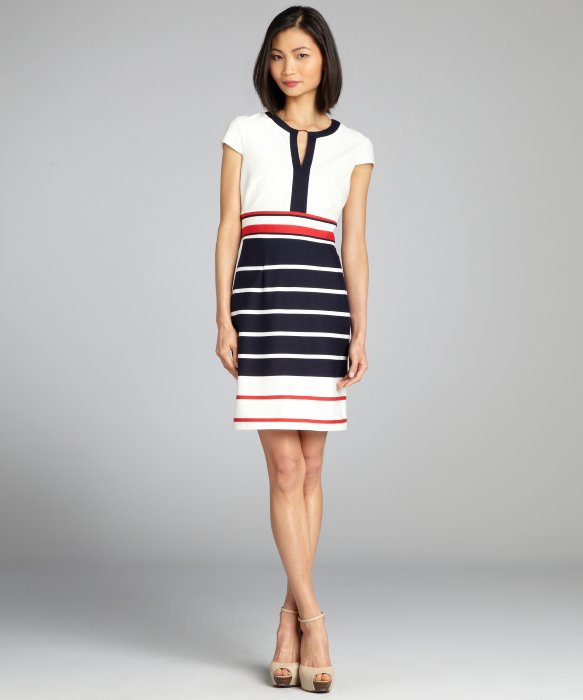 Red White And Blue Striped Cap Sleeve Stretch Knit Dress, women office uniform問屋・仕入れ・卸・卸売り