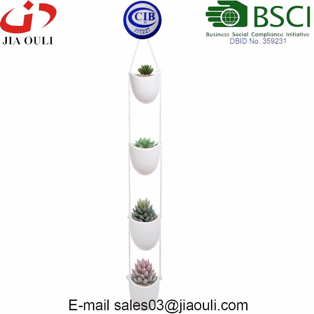 White Ceramic Rope Hanging Planter Set with 4 Flower Pots Plant Containers 1