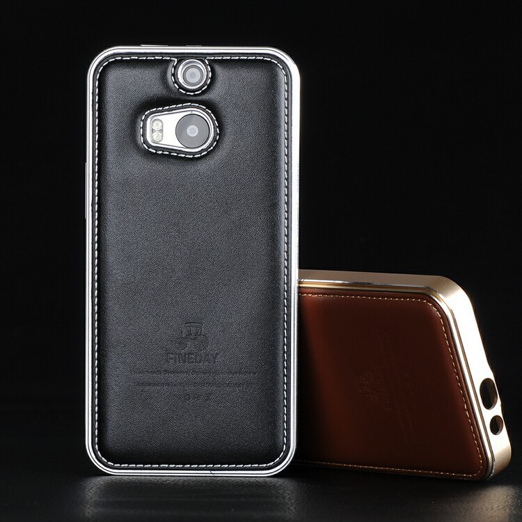 iMatch Luxury Aluminum Metal Bumper Premium Genuine Leather Back Cover Case for HTC One M8