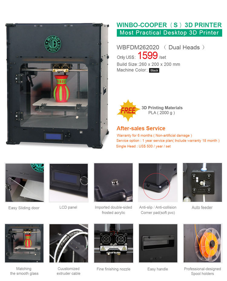 デュアルヘッドサイズを構築3dプリンタ26*20*20cm2キロでフィラメント小売価格usd1599/set問屋・仕入れ・卸・卸売り