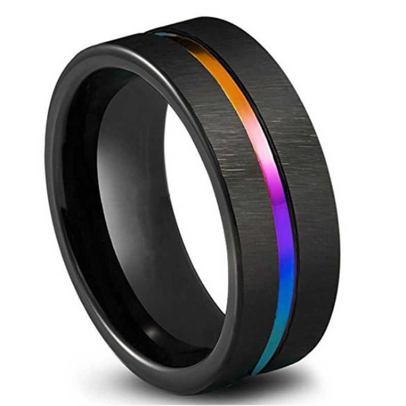 8mm Black New Brushed Wedding Band Colorful Rainbow Tungsten Ring 