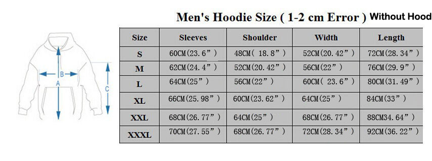 Men\'s Hoodies Size Chart Without Hood