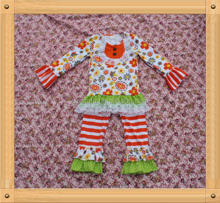 かわいい女子秋黒い綿のシャツの衣装花柄フリルパンツブティックキッズ服感謝祭小さな女の子の衣装仕入れ・メーカー・工場