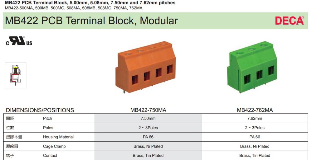 ユーロタイプの端子台、 mb422-500ma/508ma/750ma/762ma、 5.0/5.08/7.62/7.50ピッチプリント基板用端子台仕入れ・メーカー・工場