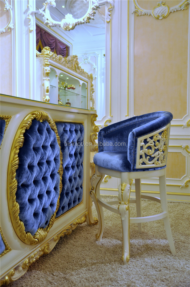 高貴なフレンチスタイルの手のバーセットを描いた、 最新の椅子張りデザイン黄金のデコ。 白・青色のバーキャビネットセット、 彫刻が施されたバーキャビネット仕入れ・メーカー・工場