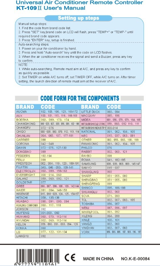 Kt109ii Air Conditioner Universal Remote Control Buy Air Compressor