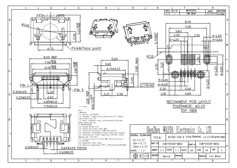 ディップタイプ、 pitch=0.65mm、 マイクロusb2.05ピンメスはんだコネクタ仕入れ・メーカー・工場