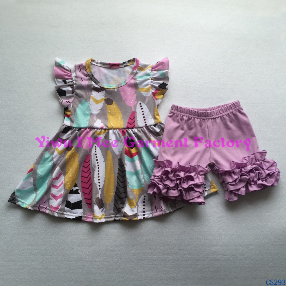 CS292かわいい女の子ブティック夏衣装子供チキン柄フラッタースリーブドレスとアイシングショーツ服セット仕入れ・メーカー・工場