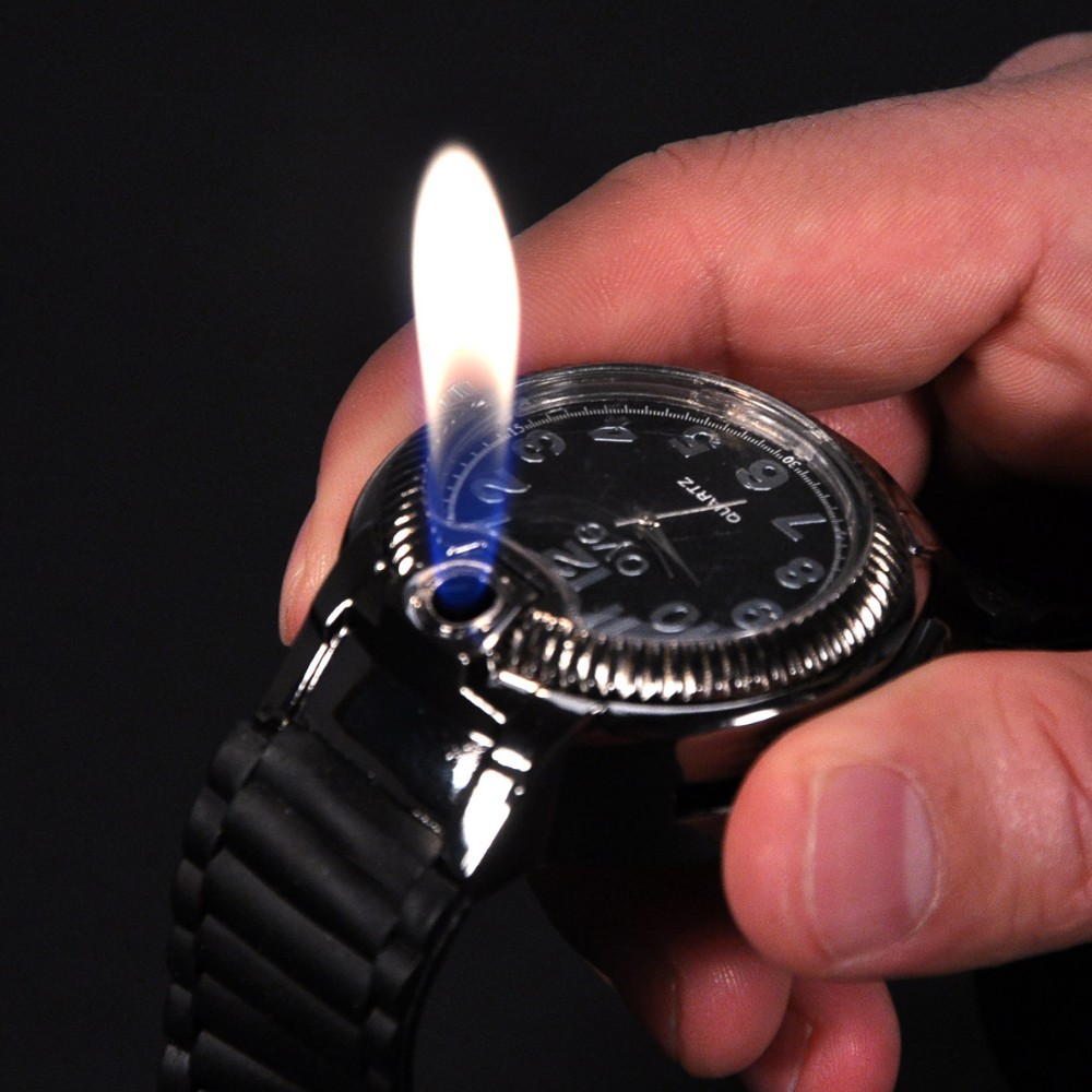 Novelty 2-in-1 Butane Silica Strap Quartz Wrist Watch Gas Refillable Butane Cigarette Lighter Torch Men\'s Christmas Birthday Gift-Black (4)