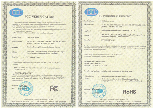 FCC RoHS -gsm alarm system