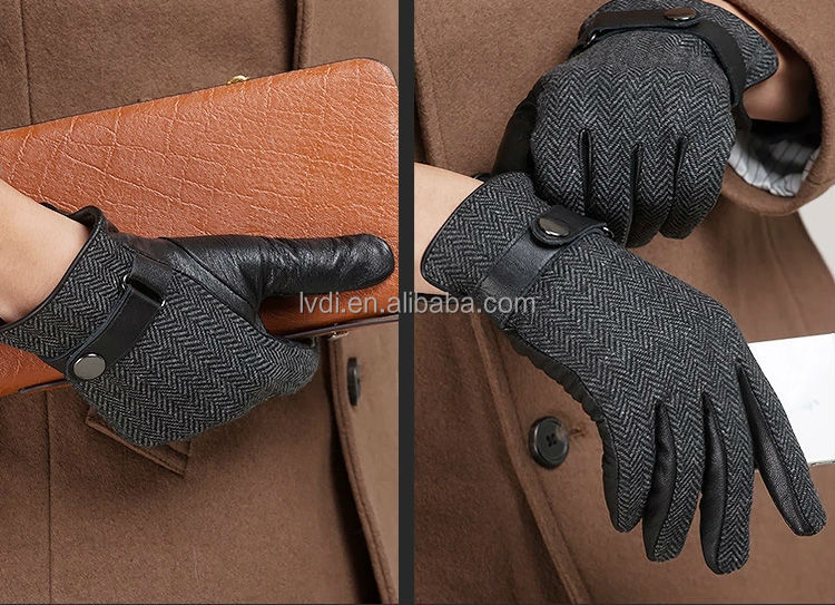 メンズブラックウォームヘリンボーンツイードとカシミヤが革の手袋をライニング問屋・仕入れ・卸・卸売り