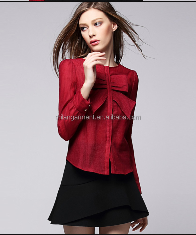 ファッション赤い色のラウンドネックちょう結びlond袖オフィス女性のリネンのシャツブラウス仕入れ・メーカー・工場