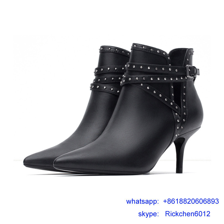 hot sale black leahter rivet thin heel women boots