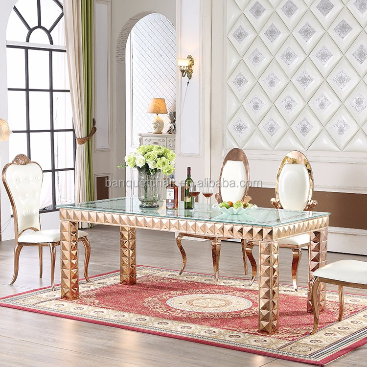 Luxury antique rectangle glass top dining table and chair set