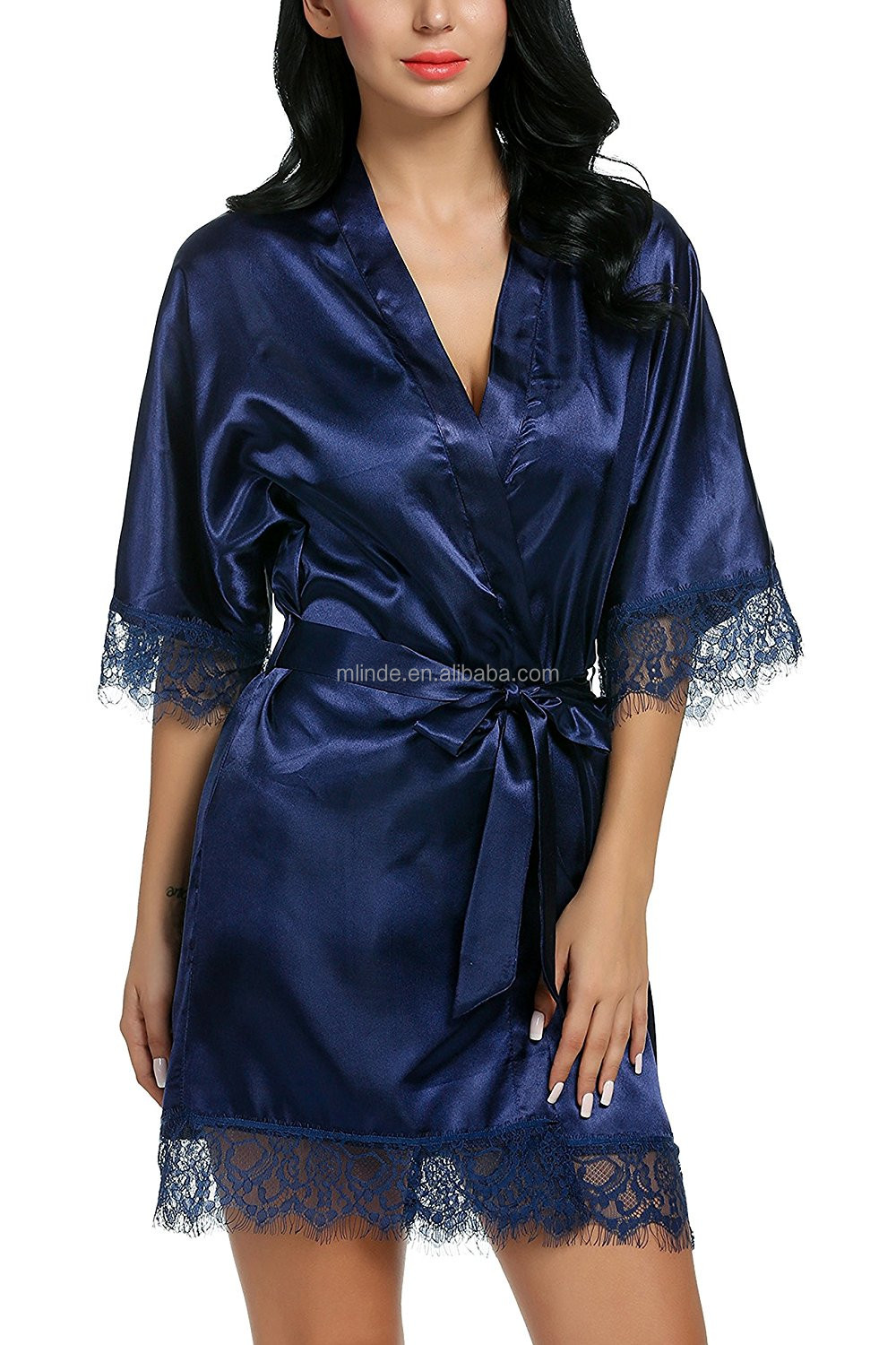 Wholesale Cheap Silk Robes Kimono Ling Sleeve Stain Sleepwear Plain
