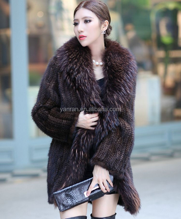 女性アライグマの犬とニットyr-712天然ミンクの毛皮コート/女性本物冬の毛皮のコート問屋・仕入れ・卸・卸売り